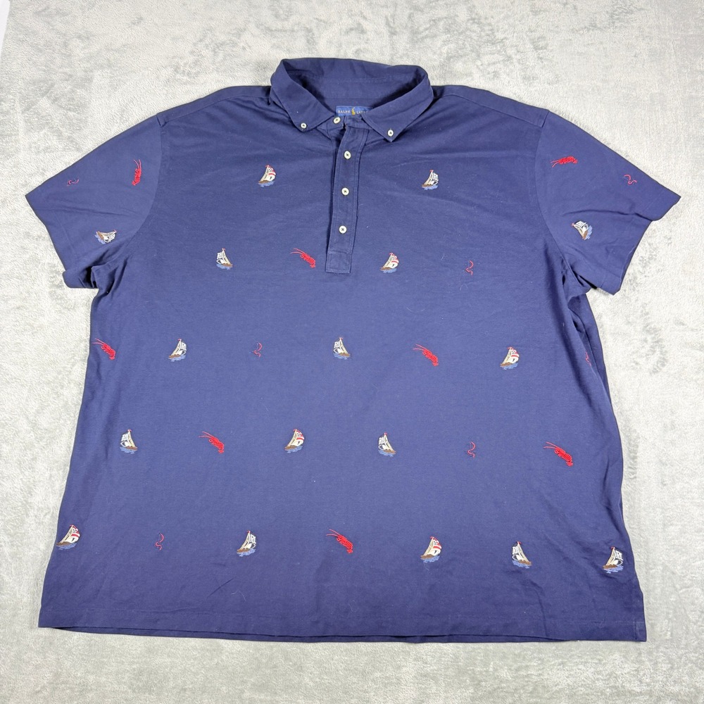 Ralph Lauren Mens 4XB Polo Shirt Navy Blue Sailboat Lobster AOP Knit Oxford